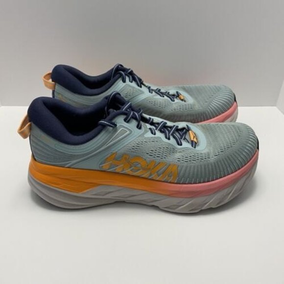Hoka One One Shoes - HOKA BONDI 7 Women’s Athletic Shoes color LIGHT BLUE w ORANGE size 9D Wide